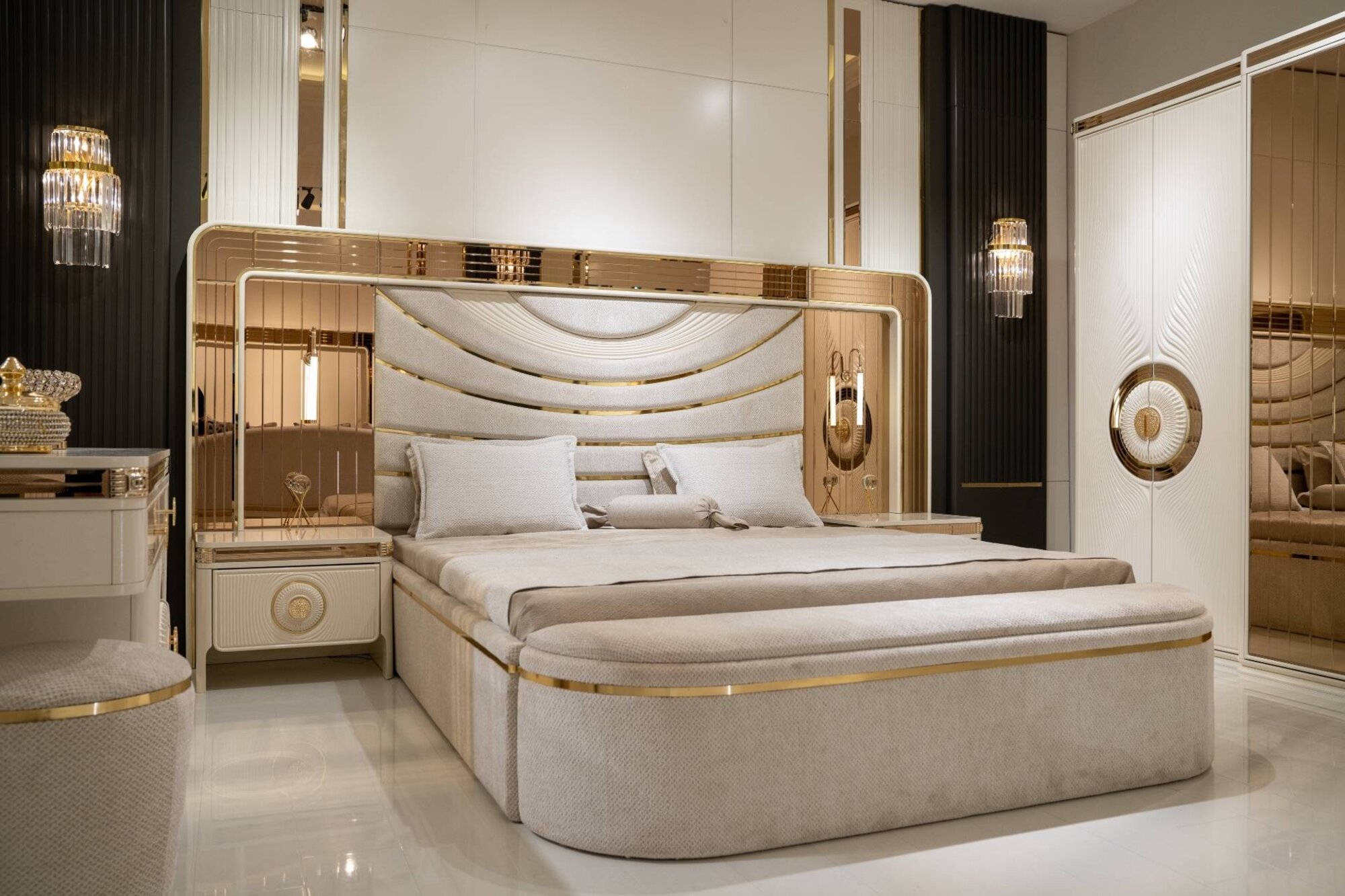 Schlafzimmer-Set Weià modern mit Bett Nachttischen und Bank Schlafzimmer-Set Weià modern mit Bett Nachttischen und Bank