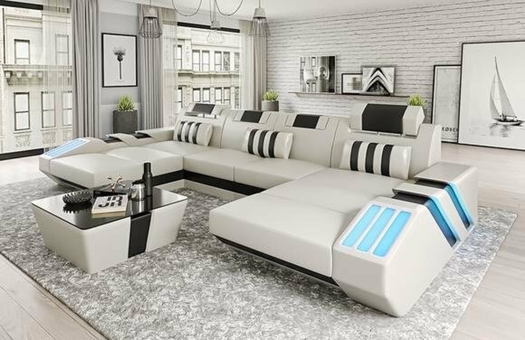 Wohnlandschaft Ledersofa Couch Polster Ecksofa Modern Beleuchtung Sofa WeiÃ XXL