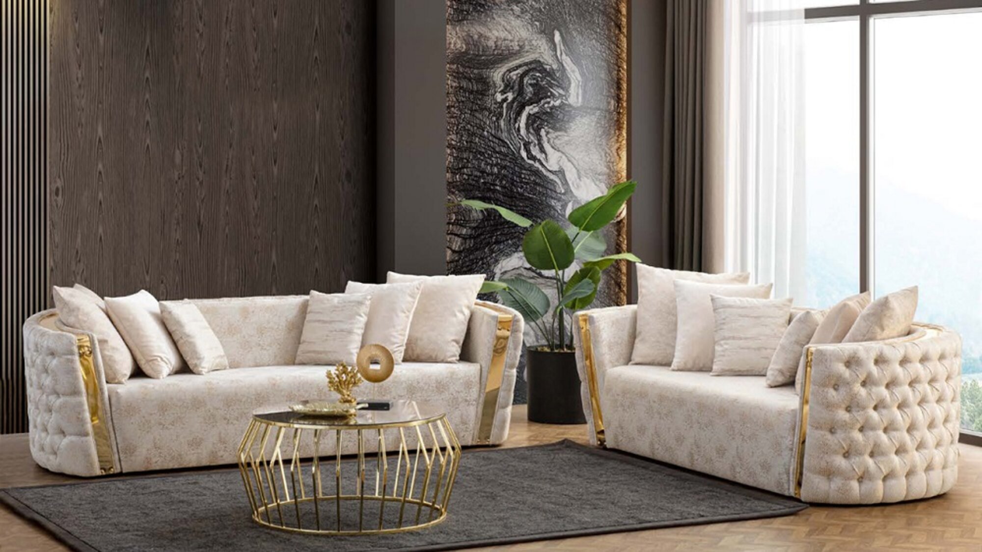 Beige Chesterfield Sitzgarnitur 3-Sitzer Polster 2-Sitzer 2tlg