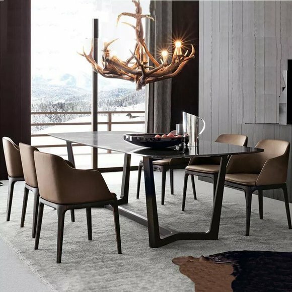 Designer Holz Ess Wohn Zimmer Set Tisch +6 Lehn StÃ¼hle Set Garnitur