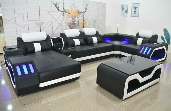 Ledersofa Sofa + couchtisch Polster Leder Design Ecksofa Couch Wohnlandschaft