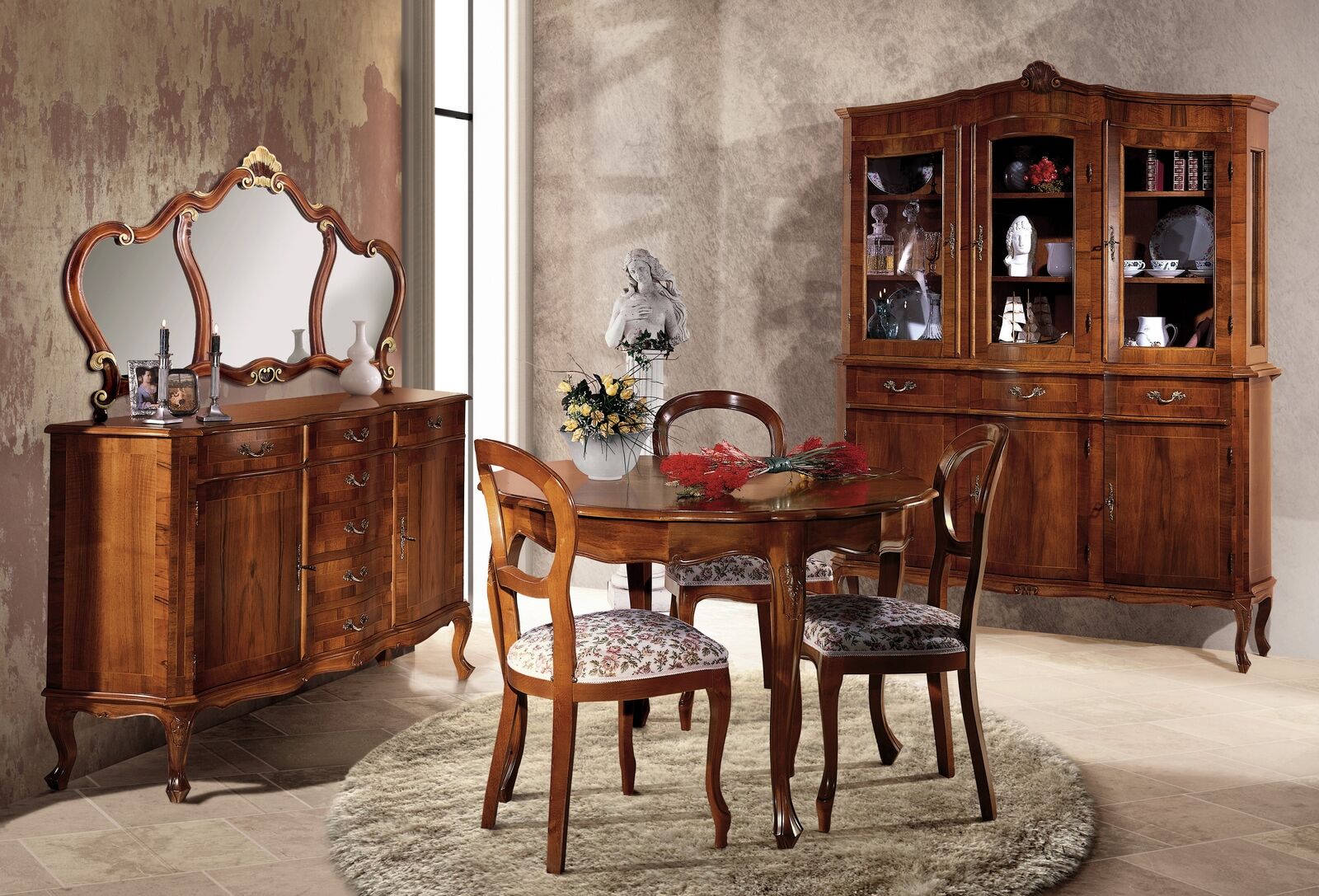 Luxus Esszimmer Set Garnitur 7tlg Braun Holz MÃ¶bel Kommode Stuhl Tisch Vitrine
