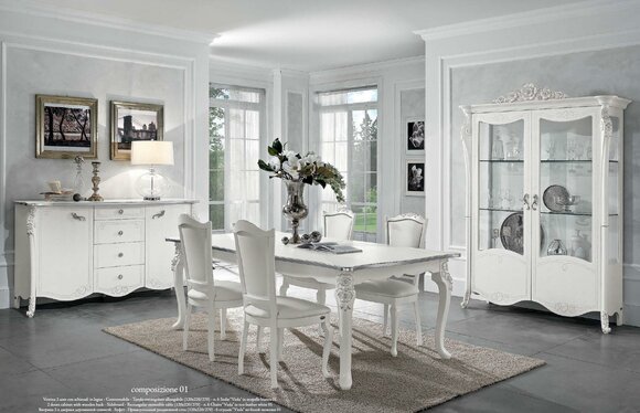 Esszimmer Set Esstisch 4x StÃ¼hle Kommode Vitrine Gruppe Garnitur WeiÃ Neu 7tlg.