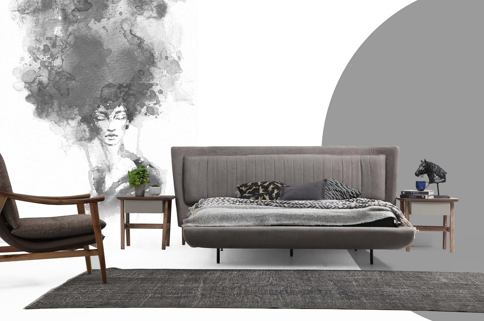 Garnitur Schlafzimmer Doppelbett Bett Nachttische Grau Set 3tlg Stoff