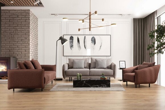 Sessel 3+3+1 Sitzer Luxus Sofa braun Sofagarnitur Sofas Stoff Design