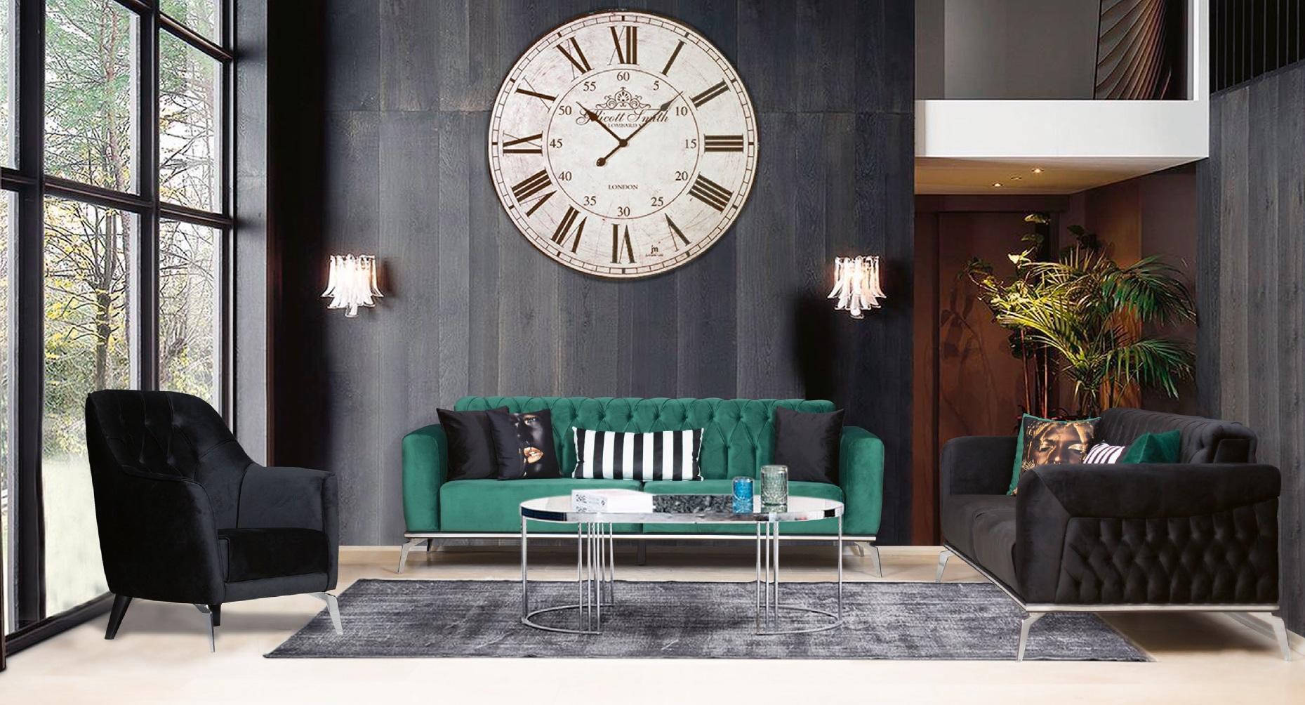 Modernes Wohnzimmer Set 2 weiche Chesterfield Sofas + moderner schwarzer Sessel