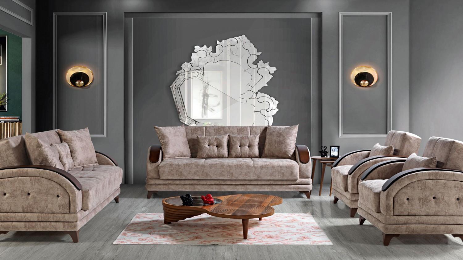 Sofagarnitur 3+2+1+1 Holz Wohnzimmer Luxus Sofa Modern Stoff Komplett Modern Neu