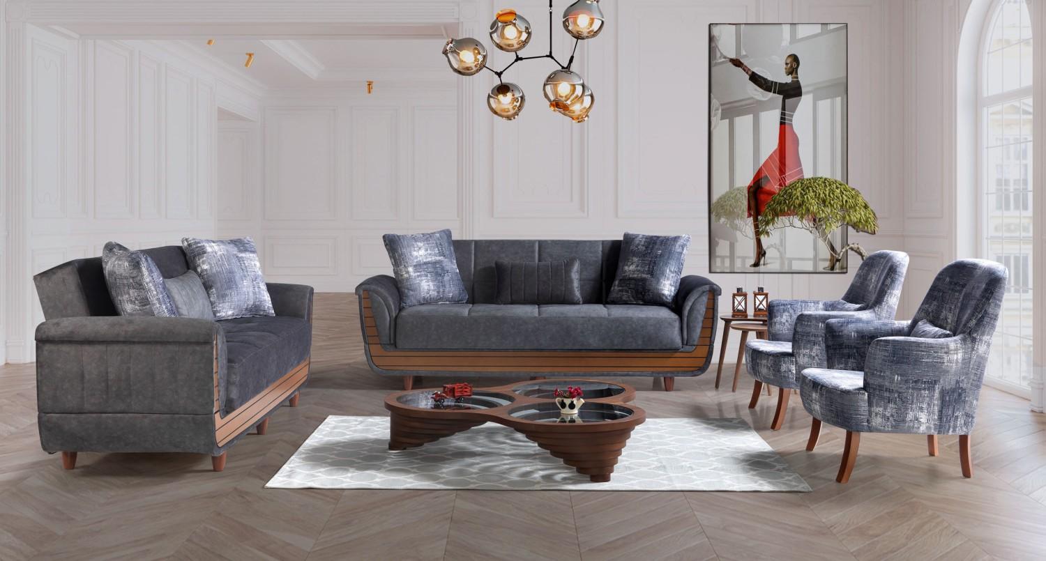 Sofagarnitur 3+2+1+1 Holz Wohnzimmer Luxus Sofa Modern Stoff