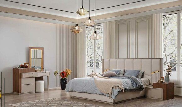 Beige Schlafzimmer Garnitur LuxuriÃ¶se Polsterbetten Nachttische Schrank