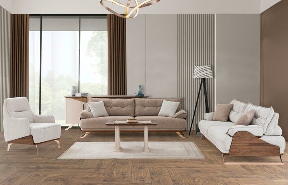 Komplette Beige Couchgarnitur Designer Dreisitzer Sessel Polster MÃ¶bel