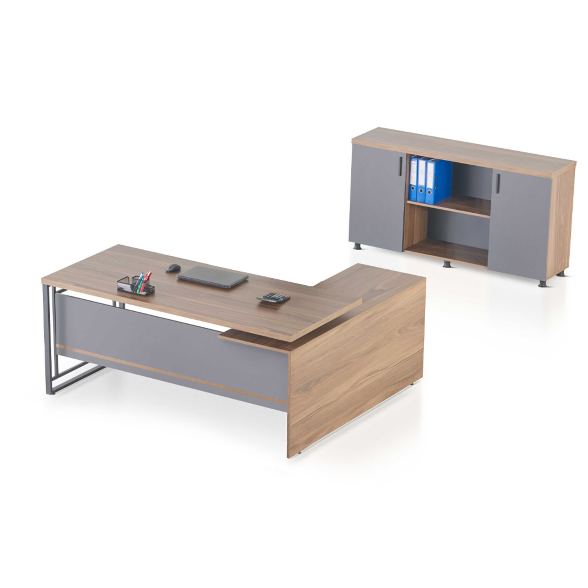 Braun-Graue Arbeitszimmer Garnitur Designer Holz BÃ¼rotisch Sideboard