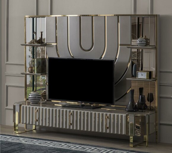 TV StÃ¤nder RTV Lowboard Sideboard Wohnzimmer Gold Grau Luxus Holz Sofort