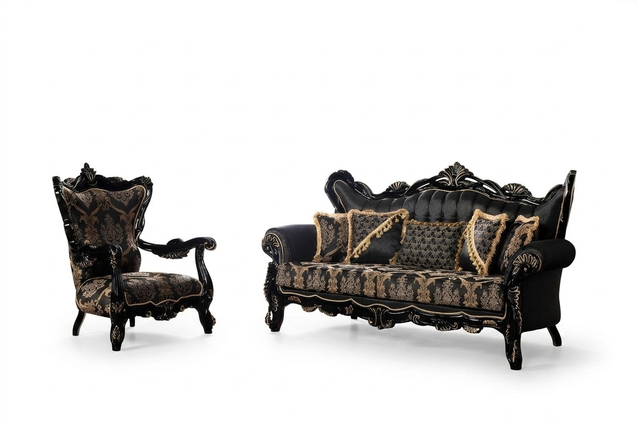 2tlg.Sofagarnitur fÃ¼r das Wohnzimmer 3+1Sitzeschwarzes Sofa und SesselGoldmuster