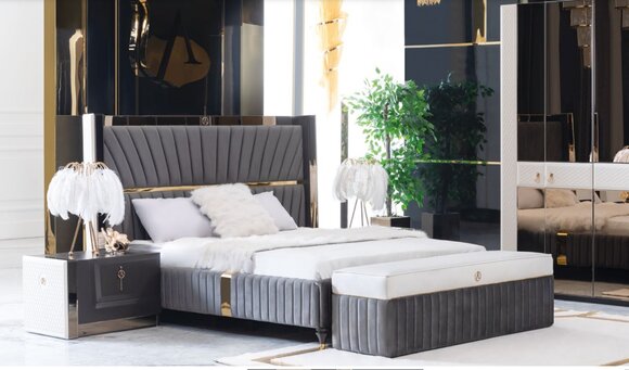 Luxus Bett 180x200cm mit Holz Kopfteil und 2 Nachttischen Italienische MÃ¶bel Neu
