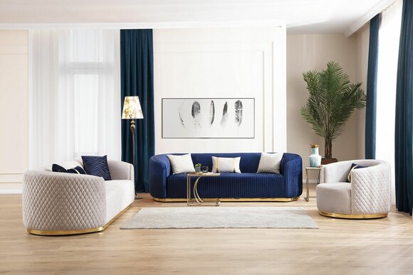 Sofagarnitur Dreisitzer Sessel EdelstahlmÃ¶bel Stoffsitzer Blau 3+3+1