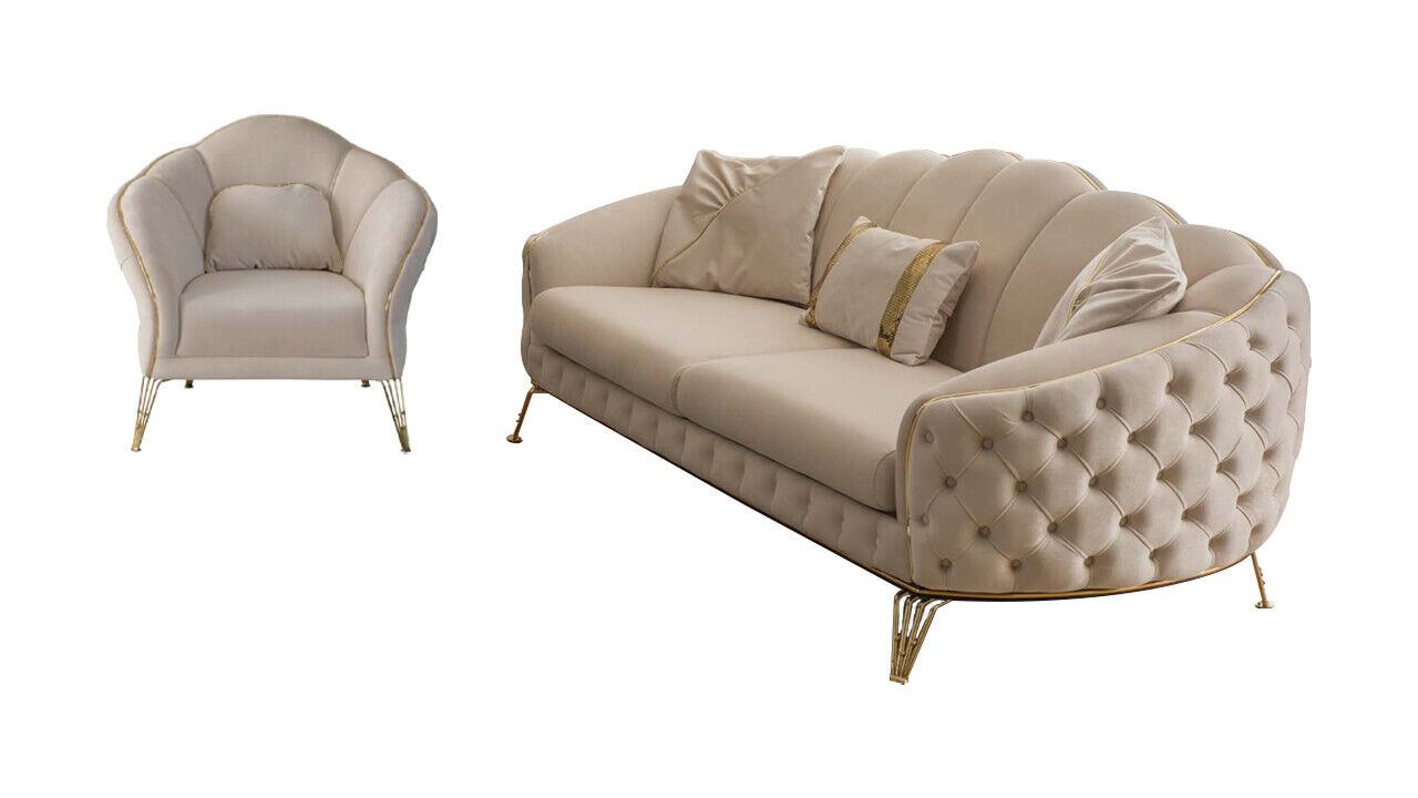 Modern Beige Wohnzimmer Set Sofa 3 Sitzer Sessel Textil Sessel Wohnzimmer