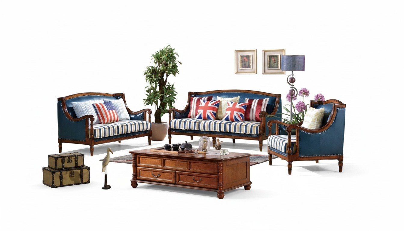 Amerikanische Sofagarnitur Ledersofa Couch Polster 321 Sitzer Holz