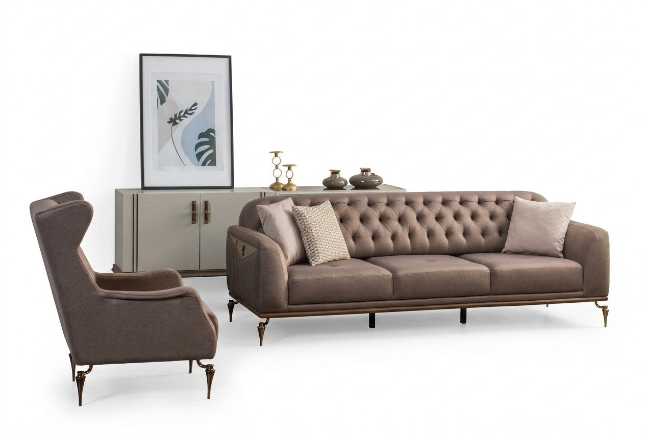 Beige Chesterfield Wohnzimmer Sofagarnitur 3+1 Sitzer Luxus Couch Neu