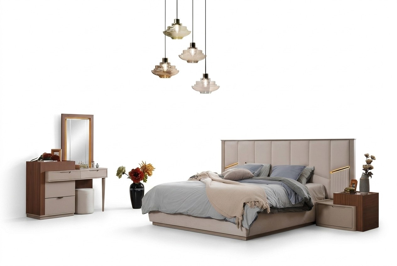Beige Schlafzimmer Garnitur LuxuriÃ¶se Polsterbetten Nachttische Schrank