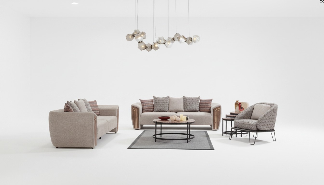 Beige Wohnzimmer Polster Sofagarnitur Dreisitzer Sessel Textil MÃ¶bel