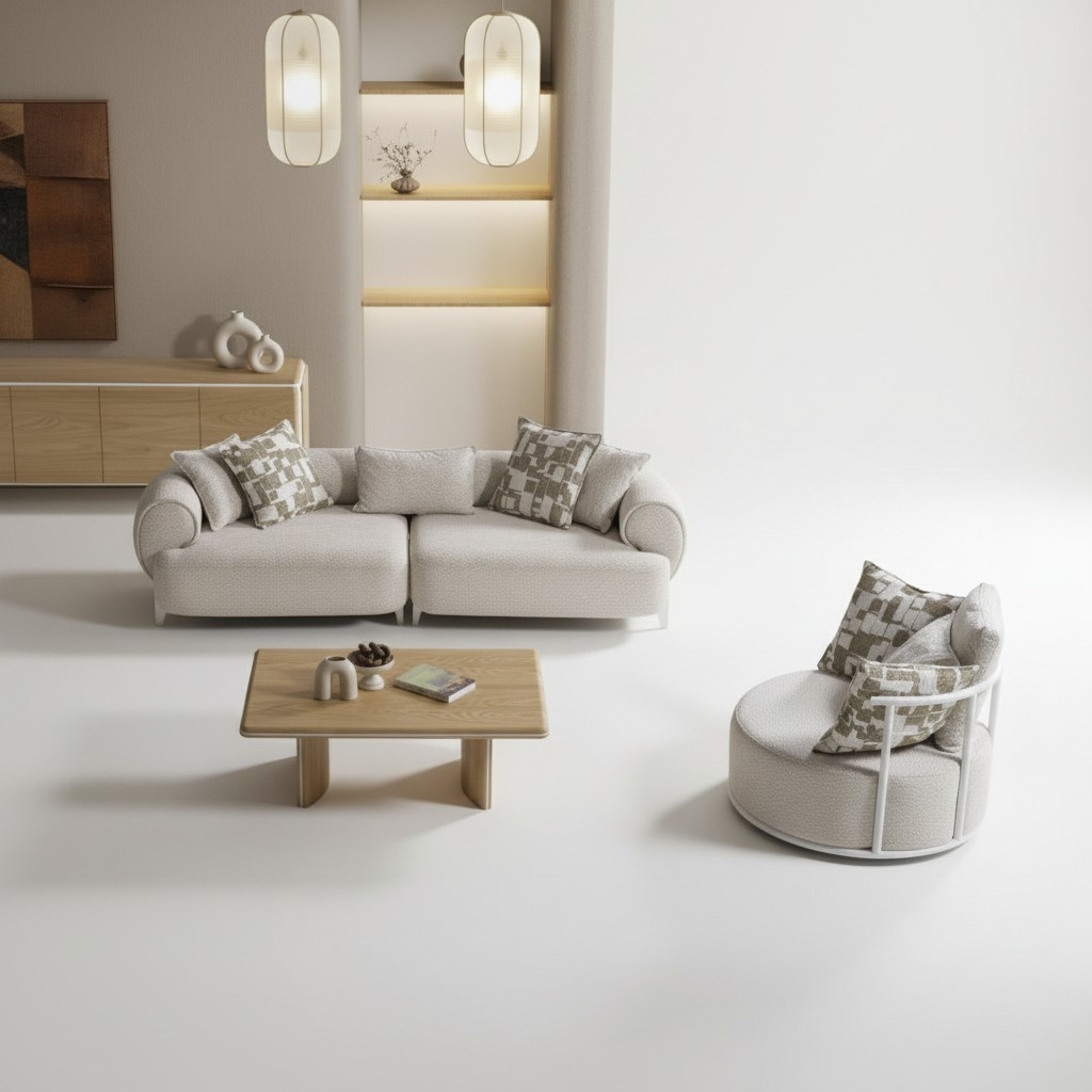Beige Wohnzimmer Set aus Holz und Textil modern und elegant