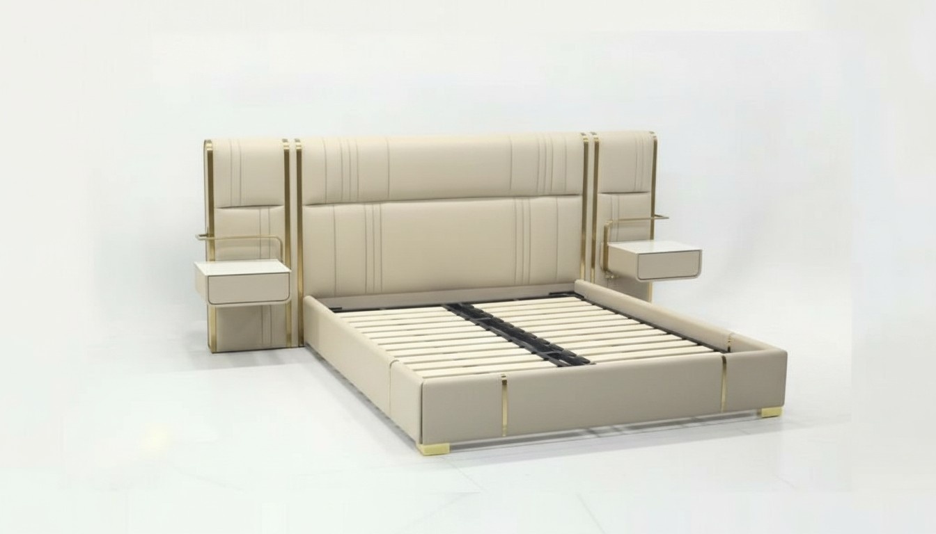 Beiges Schlafzimmer Doppelbett mit groÃem Kopfteil Designer Holz Betten