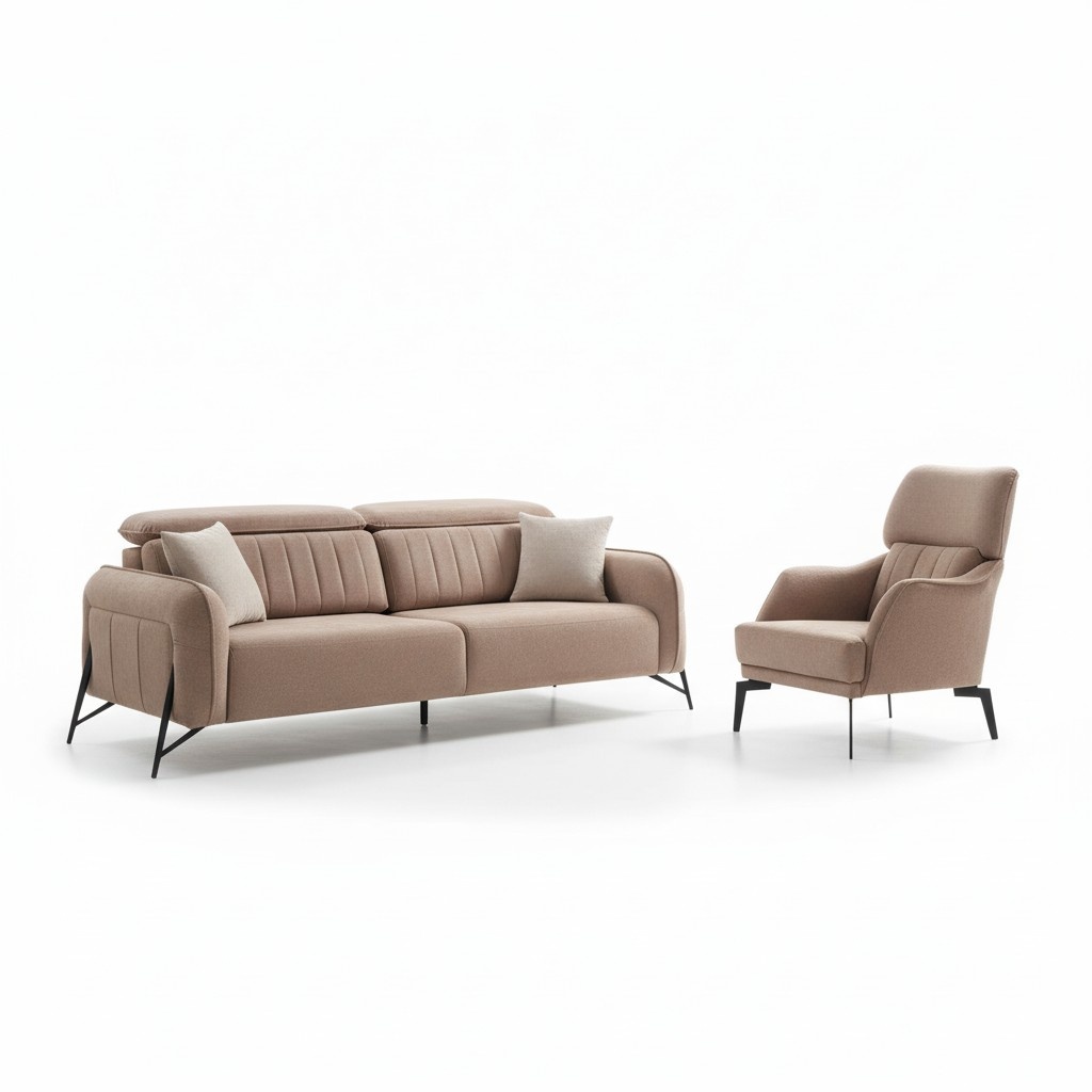 Beiges Wohnzimmer Stoffsofa LuxuriÃ¶ser Sessel 3-Sitzer Einsitzer 2tlg