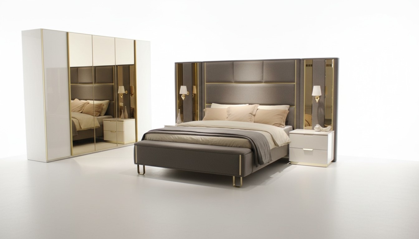 Bett 2x Nachttische 3tlg. Schlafzimmer Doppelbett Design MÃ¶bel Holz Neu Set