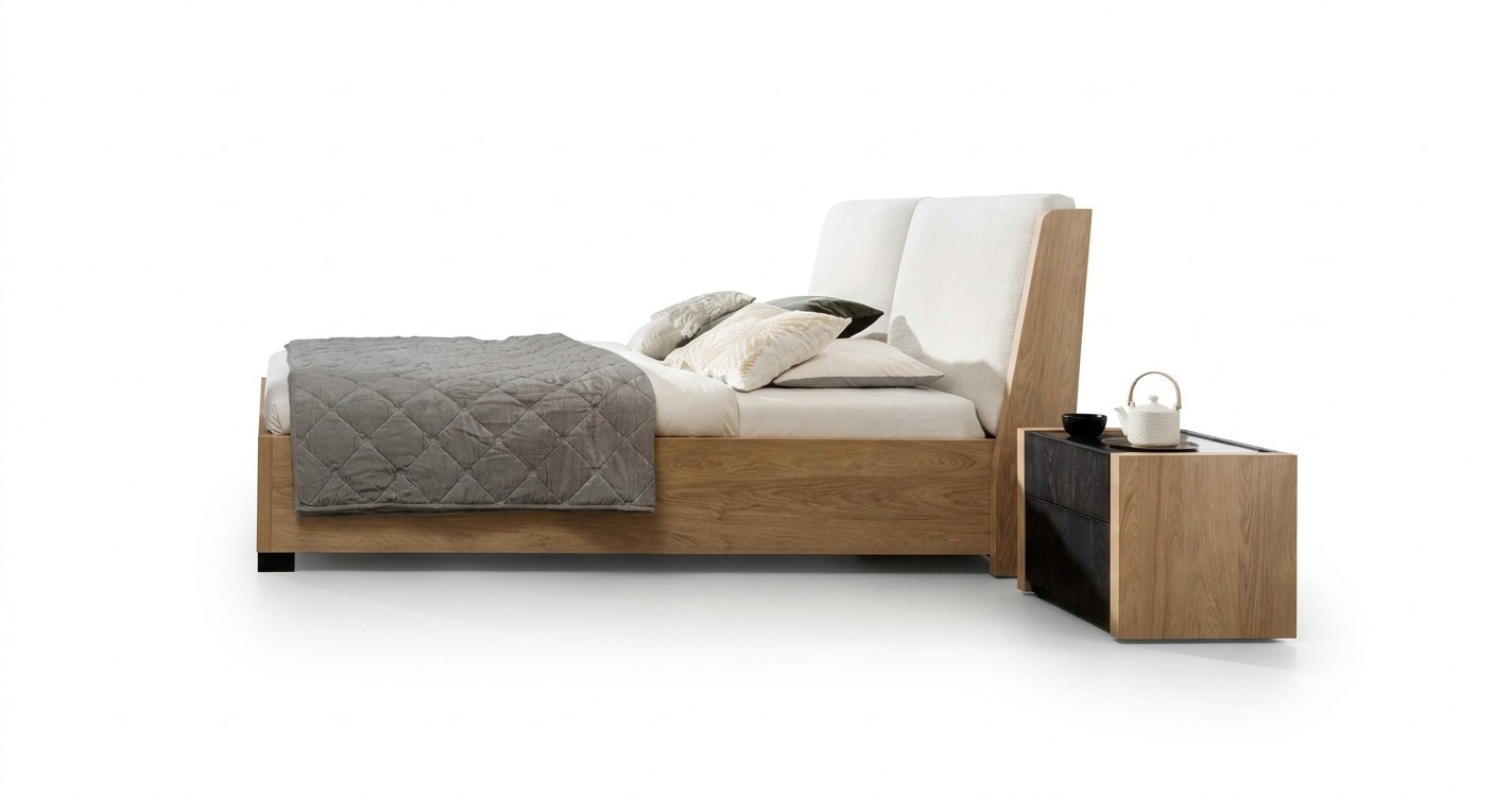 Bett Beige Holz Design Modern Schlafzimmer Doppel Betten Elegantes MÃ¶bel Neu