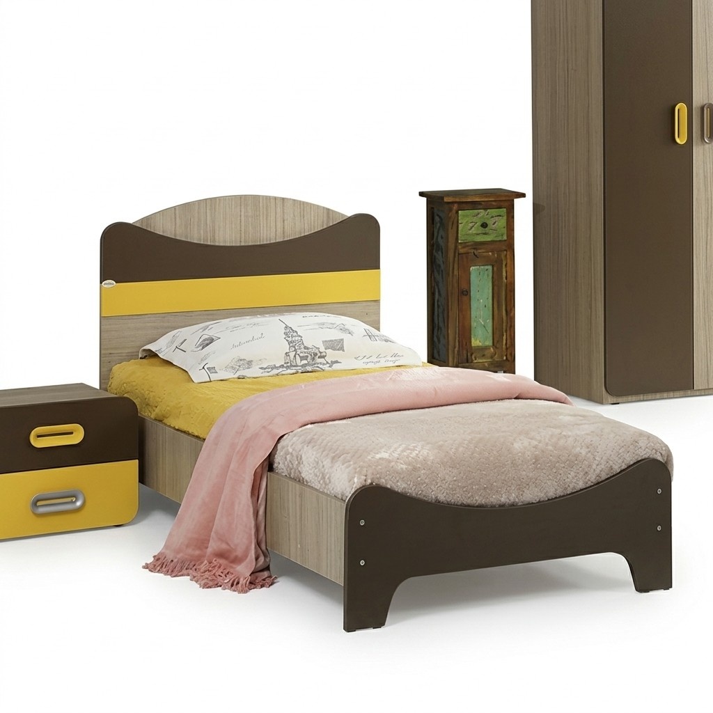 Bett mit Kopfteil Modernes Design Farbakzente Gelb Braun Kinderzimmer MÃ¶bel