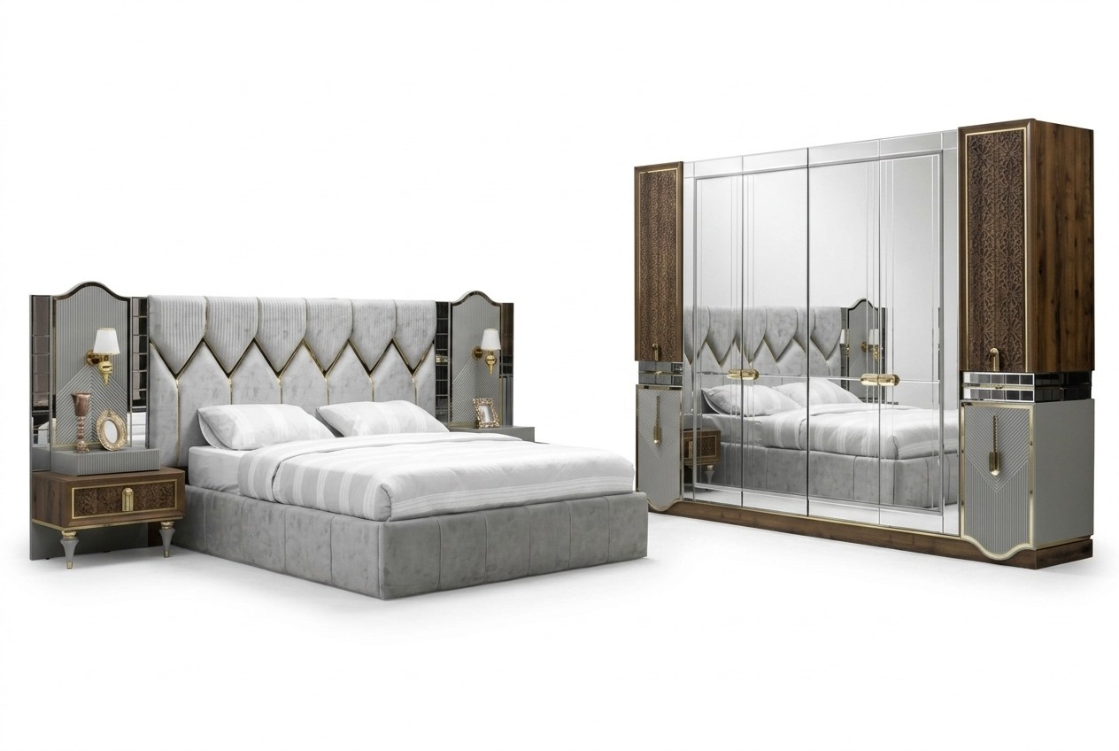 Bett Nachttisch Kleiderschrank 4 tlg Schlafzimmer Set Design Modern Luxus1