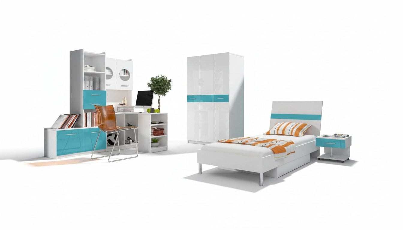 Bett + Nachttisch Schlafzimmer Jugendzimmer Kinderzimmer Set MÃ¶bel Blau 2tlg.