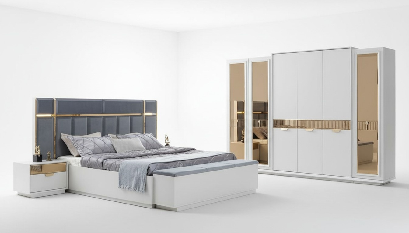 Bett Nachttische Kleiderschrank Verspiegelt Bank WeiÃ Gold Blau Edelstahl 5tlg