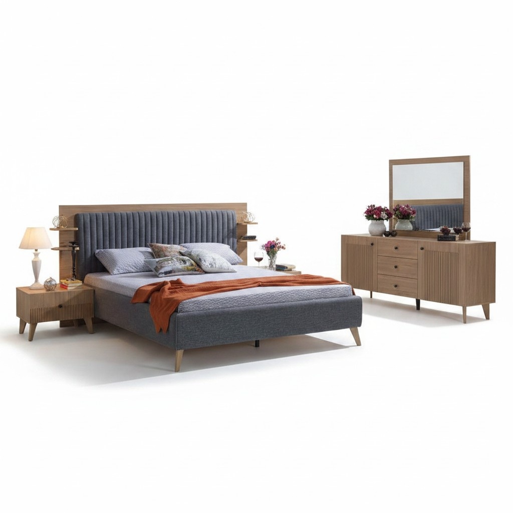 Bett Schlafzimmer MÃ¶bel Einrichtung Doppelbett Betten Polster Grau