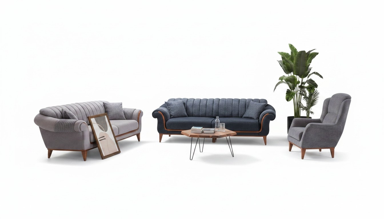 Blau-Graues Wohnzimmer Set Moderne Sofagarnitur 3+3+1 Sitzer Sessel