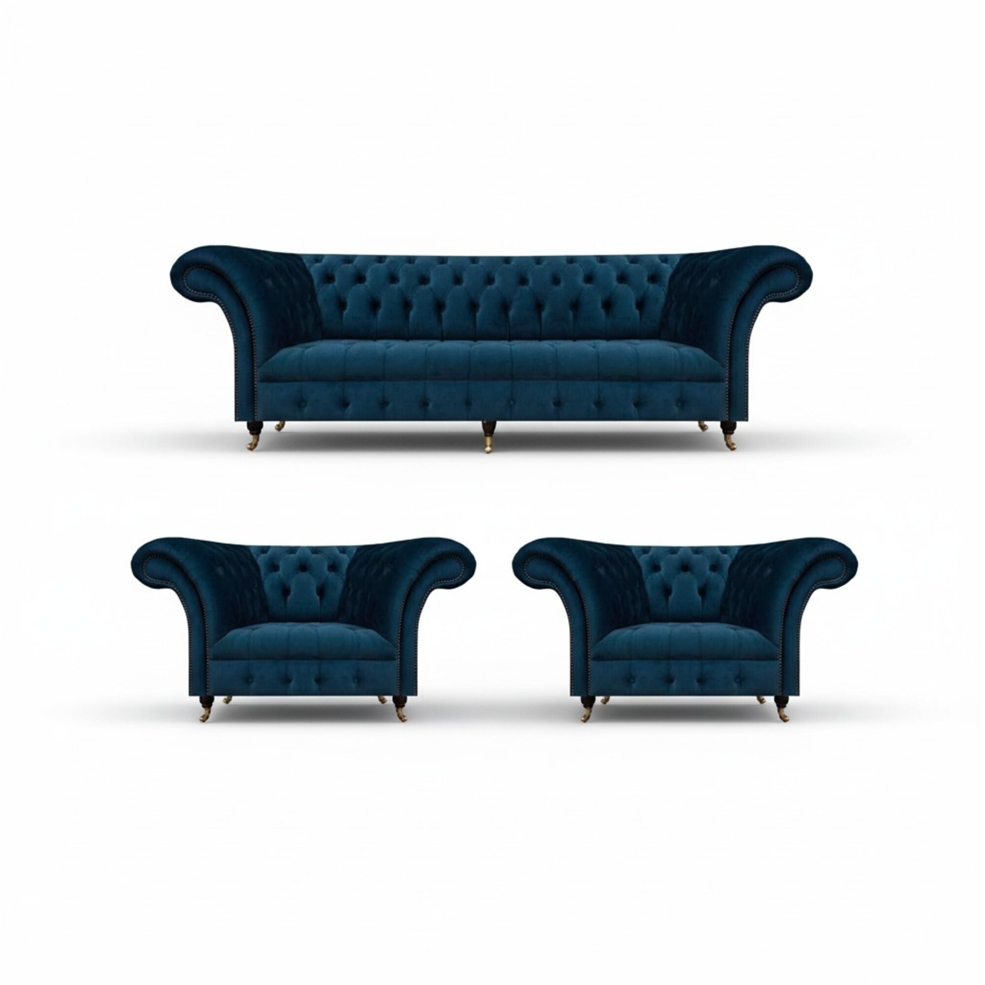 Blaue Chesterfield 2x Sessel Wohnzimmer Dreisitzer Polster Couch 3tlg