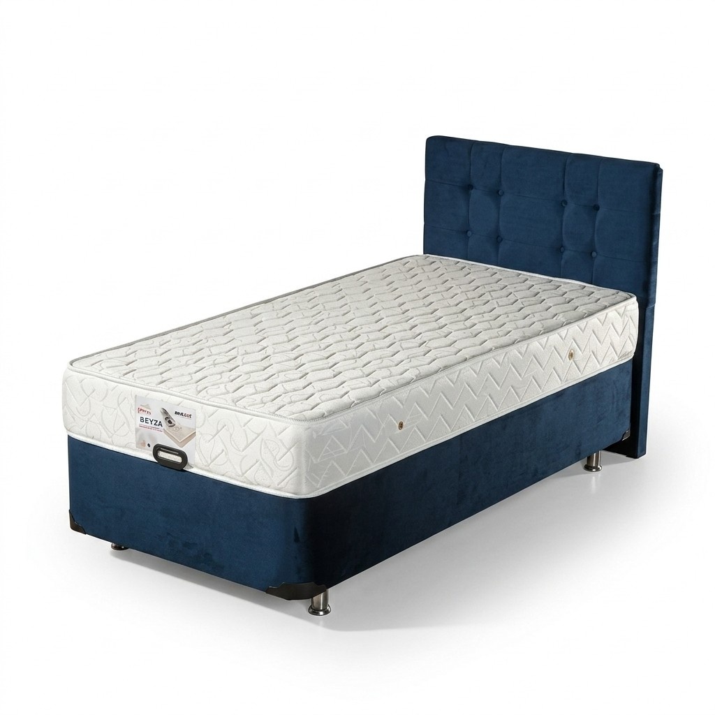 Blaues Bett mit Matratze aus Textil und Edelstahl