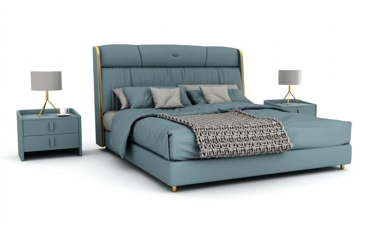 Blaues Schlafzimmer Doppelbett Designer MÃ¶bel LED-Bett Holz Textilbetten