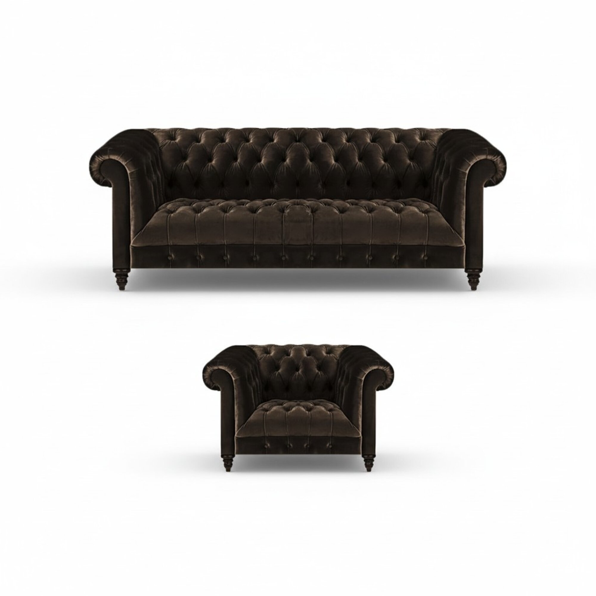 Braune Chesterfield Polster Garnitur Designer 3-Sitzer Textil Sessel 2tlg