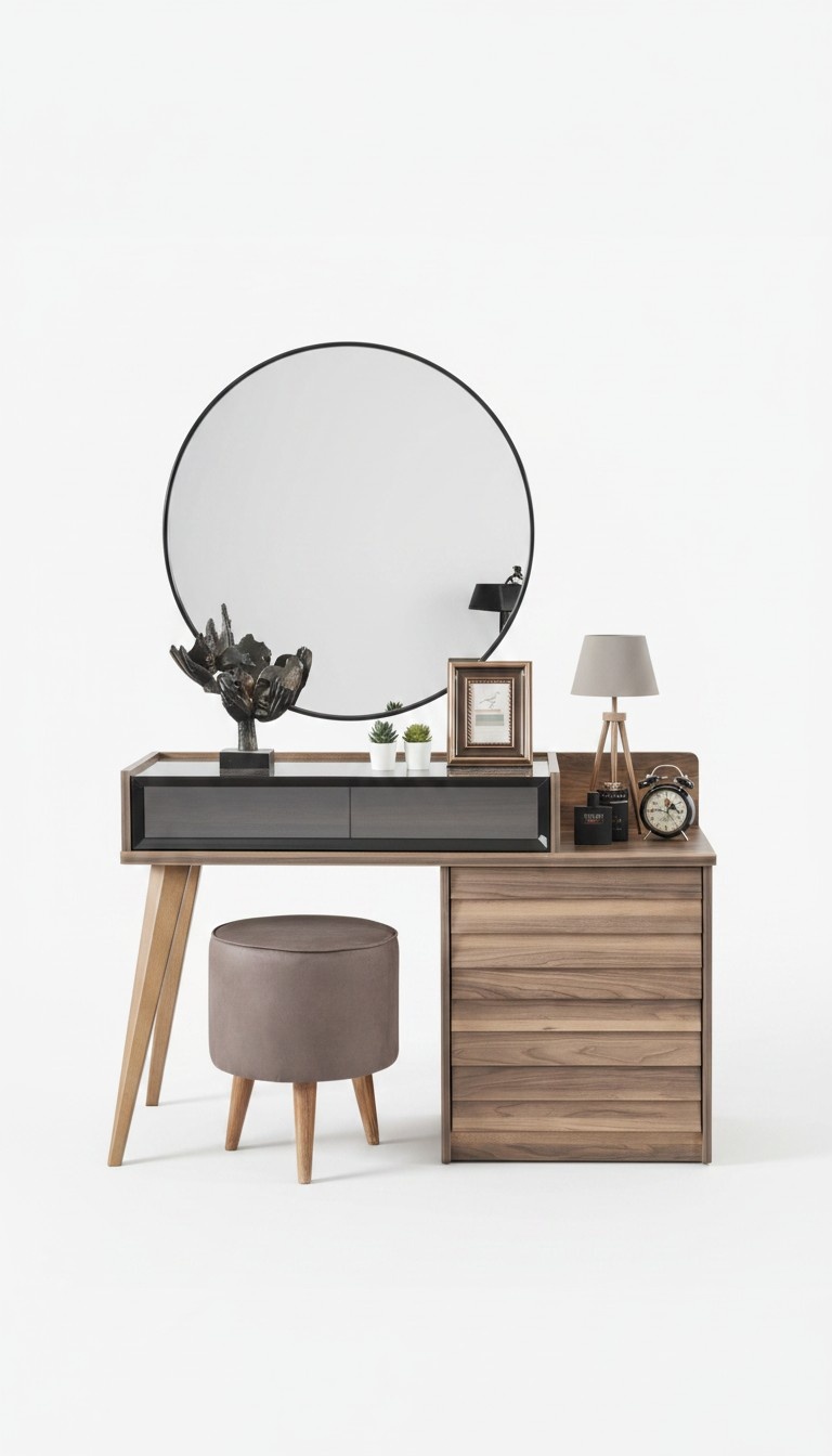 Brauner Holz Schminktisch mit Rundspiegel Designer Schlafzimmer 2tlg Set Konsole