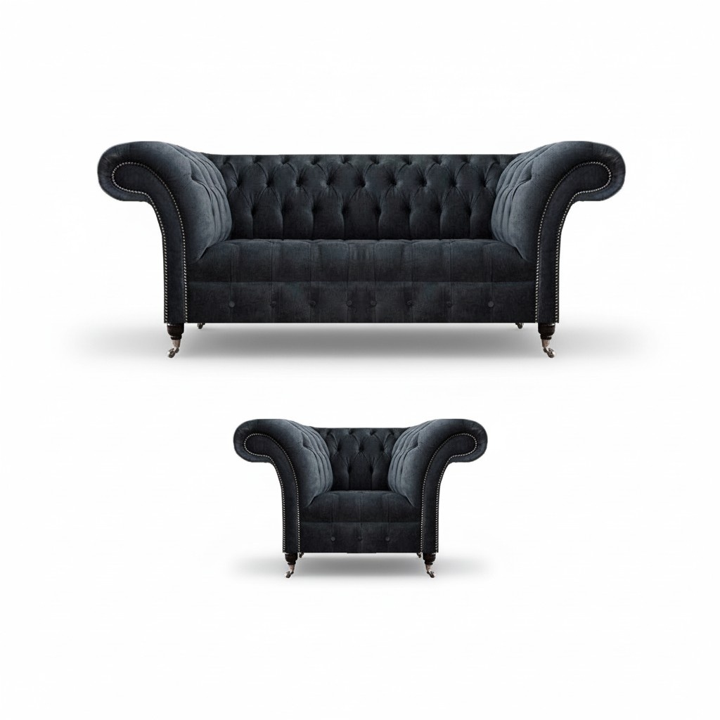Chesterfield Grau Sofagarnitur 3+1 Sitzer Textil LuxuriÃ¶se Moderne Wohnzimmer