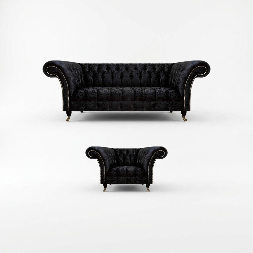 Chesterfield Schwarze PolstermÃ¶bel Designer Wohnzimmer Couch Sessel 2tlg