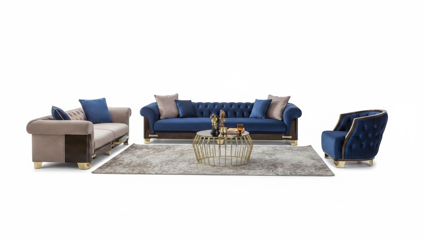Chesterfield Sofagarnitur 4-3-1 Sitzer Sofas Sessel Stoff Blau Luxus Neu