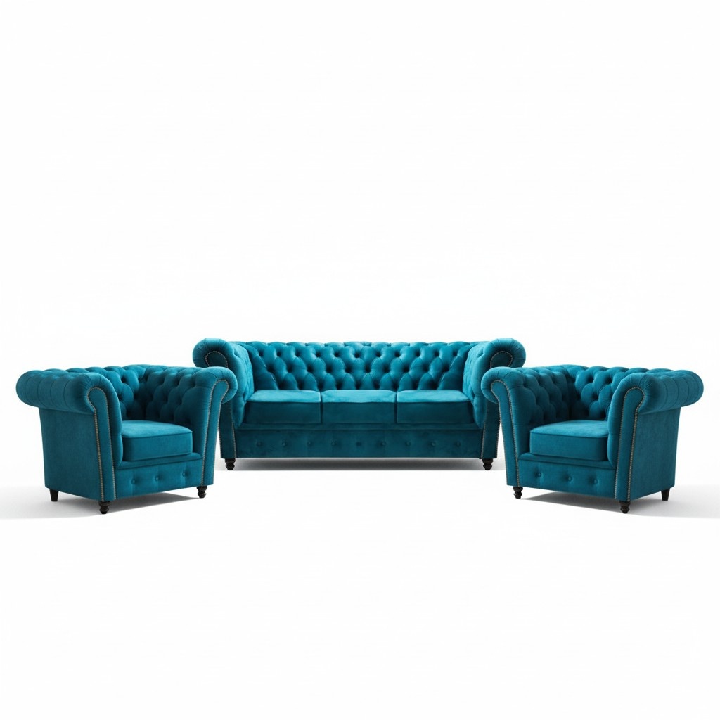 Chesterfield Wohnzimmer Blau Sofagarnitur Polster Textil Komplett 3tlg 3+1+1