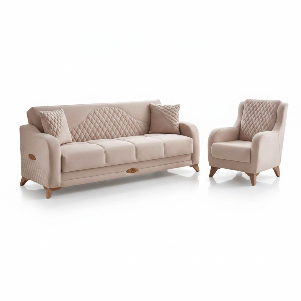 Couch Komplette Dreisitzer Sessel 3 Sitzer Stoffsofa Polstersofa Beige