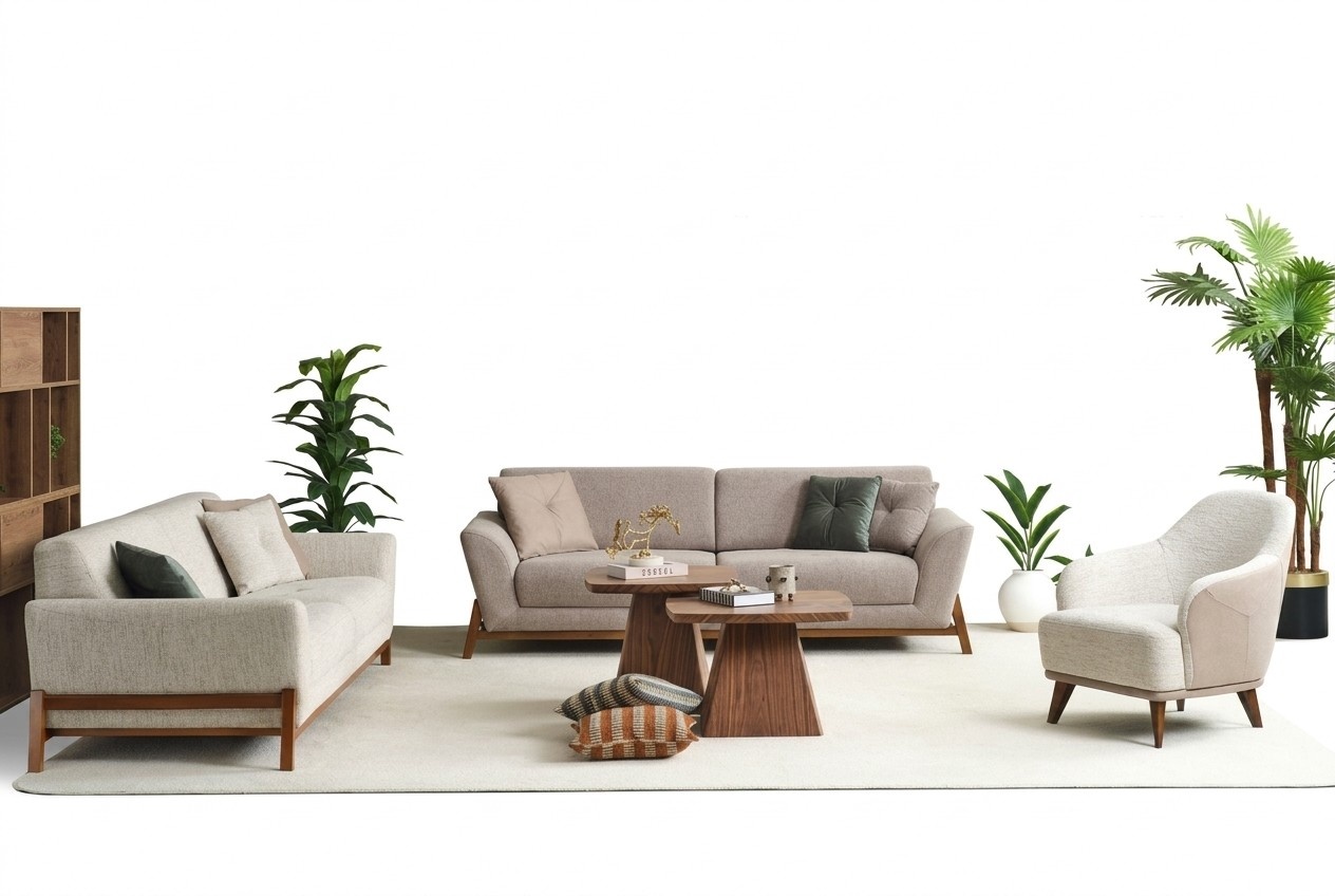 Couchgarnitur Dreisitzer Sessel Sofa Stoff Beige Stoffsofa Set 4tlg 3+3+1+1