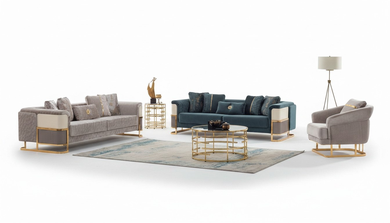 Couchgarnitur Polstersofa Dreisitzer Sessel Beige Couch Stoffsofa 3tlg