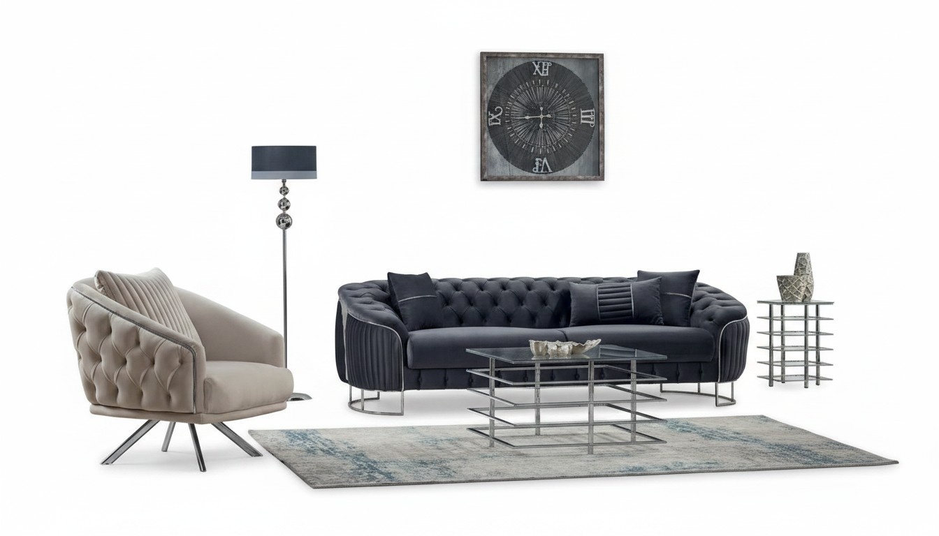 Couchgarnitur Polstersofa Dreisitzer Sessel Grau Couch Stoffsofa 2tlg