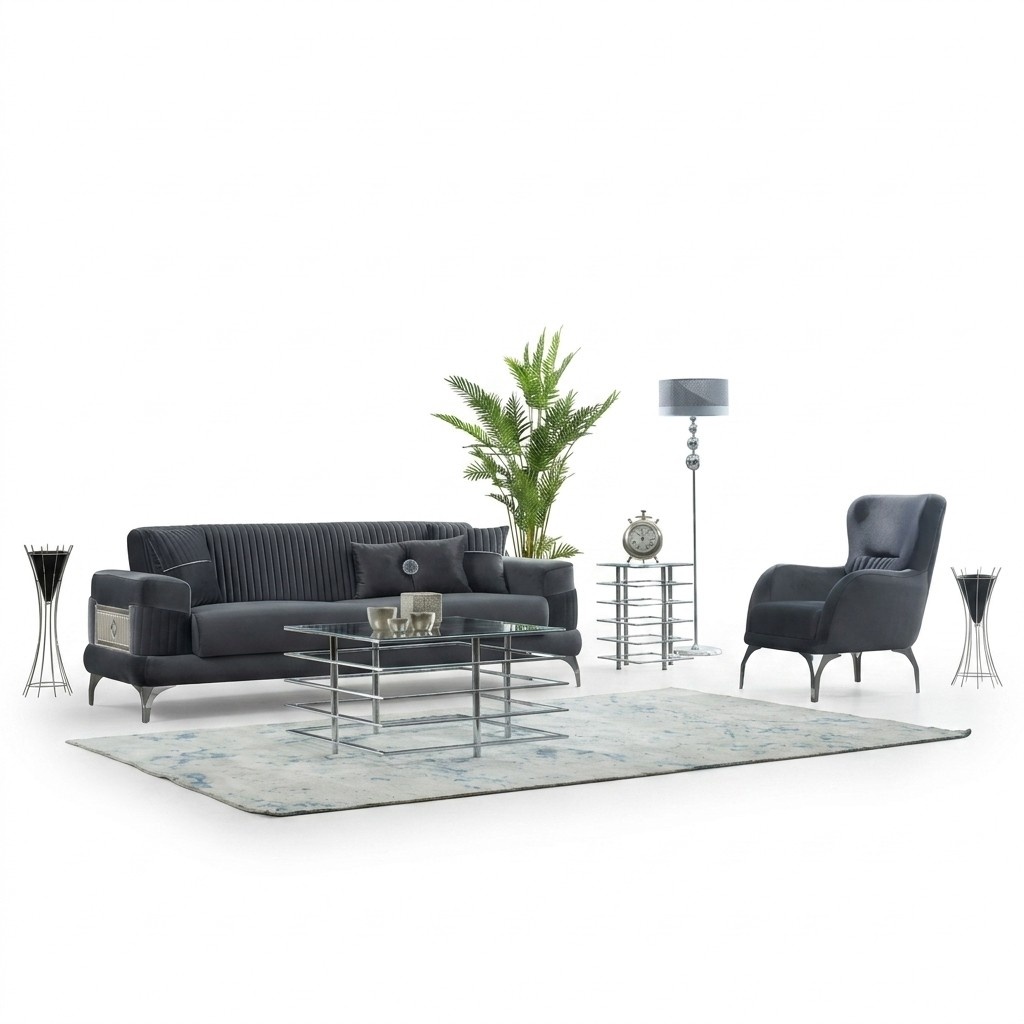 Couchgarnitur Polstersofa Dreisitzer Stoff Grau Set 2tlg Couch Sessel