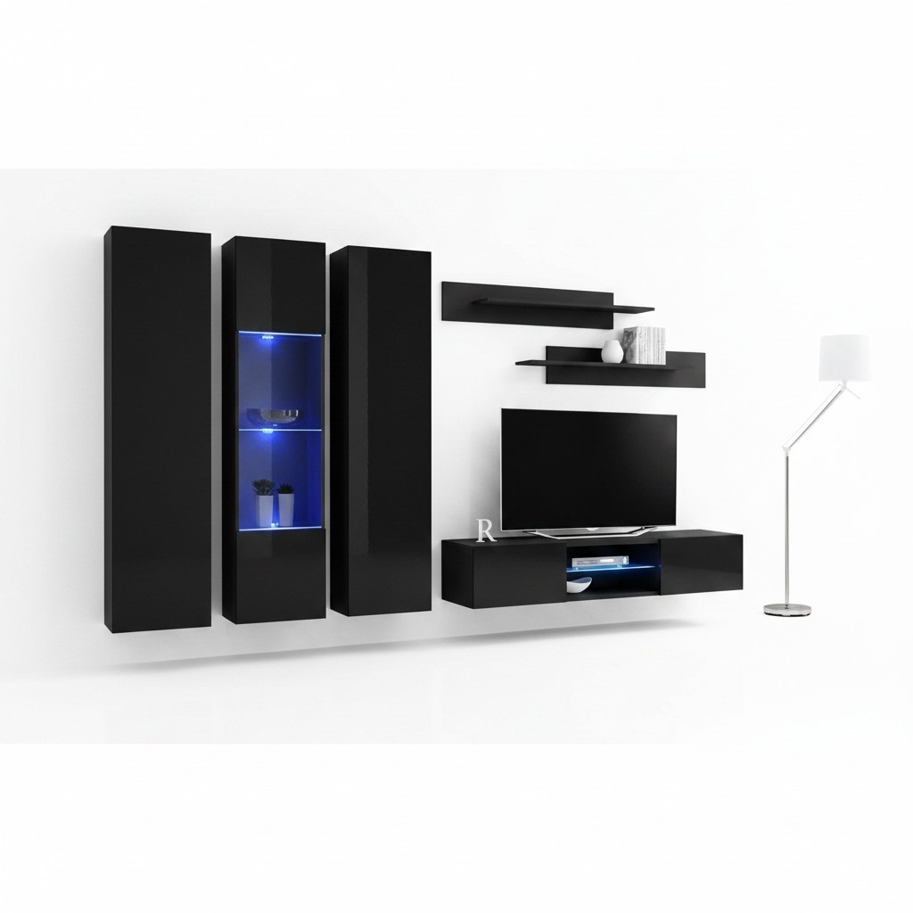 Schwarz Wohnwand Wohnzimmer Luxus Set Hänge Vitrine TV Ständer Wandregal Möbel